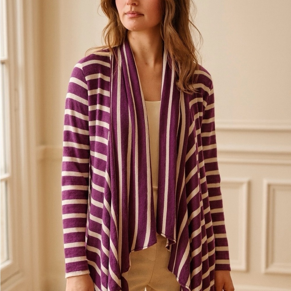 J Jill Sweater Women Sz M Purple White Cardigan 100% Linen Stripe Coastal EUC